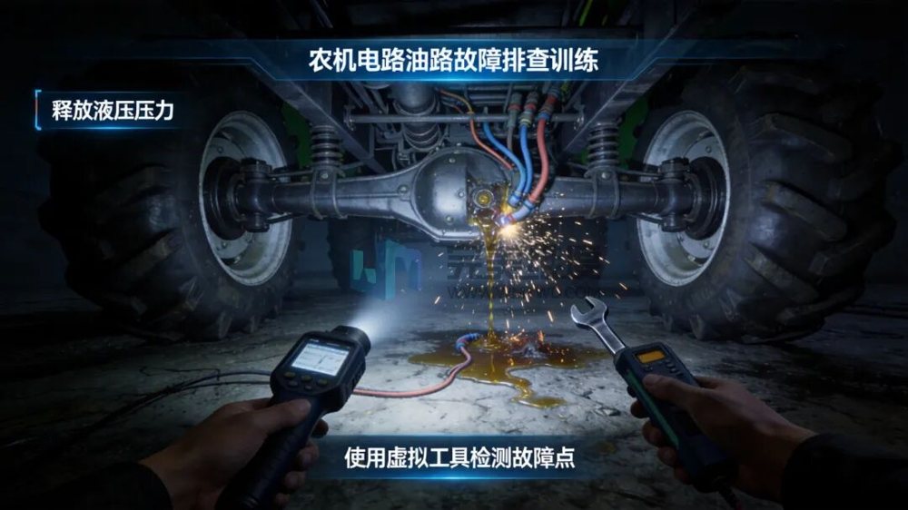 虚拟还原设备检修、漏电等多种场景,体验者以第一视角进行体验互动,了解