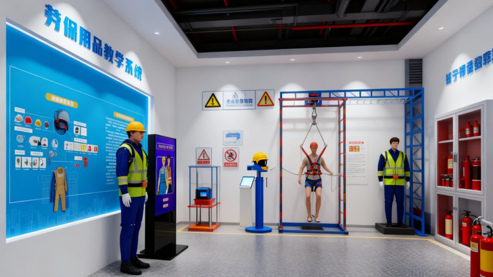 展示各种安全帽、安全带、防护鞋等防护用品，并且设置答题互动，帮助体验