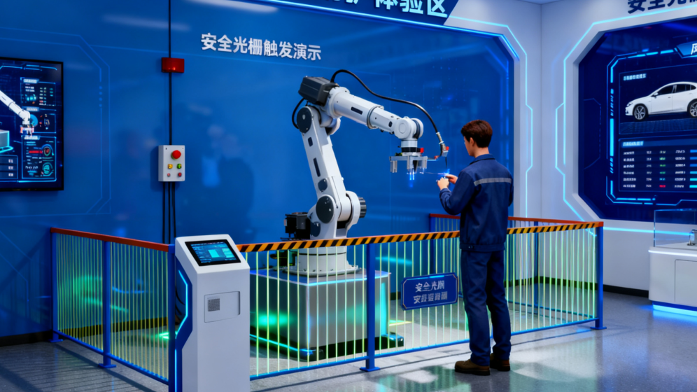 通过实体模型仿真机器人协作，区域安全传送装置风险识别，急停装置使用训