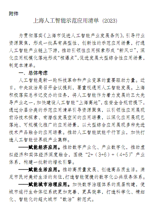 上海人工智能示范应用清单 2023