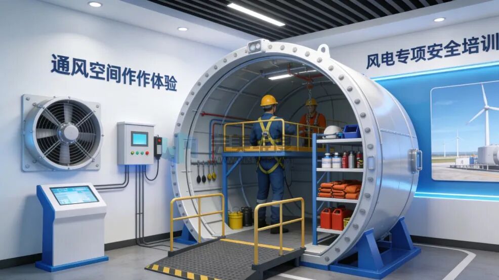 在模拟的塔筒底部有限空间内,模拟真实作业,严格执行通风、检测、监护、