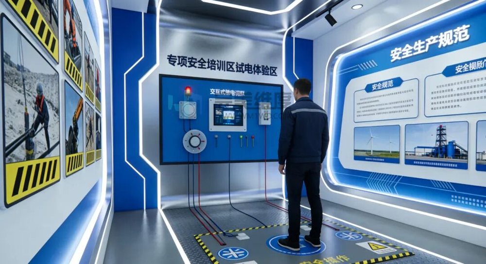 设有多个踩踏脚印的仿真模拟通道,体验者可体验模拟跨步电压触电,让体验