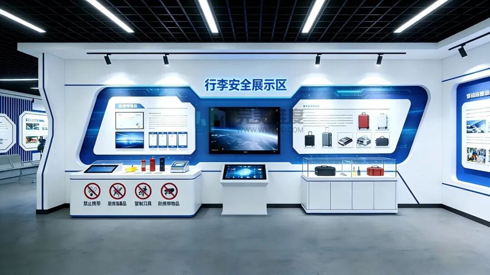 展示禁止携带的易燃易爆品、管制器具及限制携带物品的仿真模型，结合图文