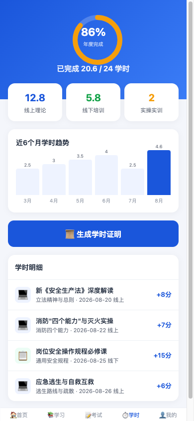学时中心（构成 + 近6月趋势 + 明细）
