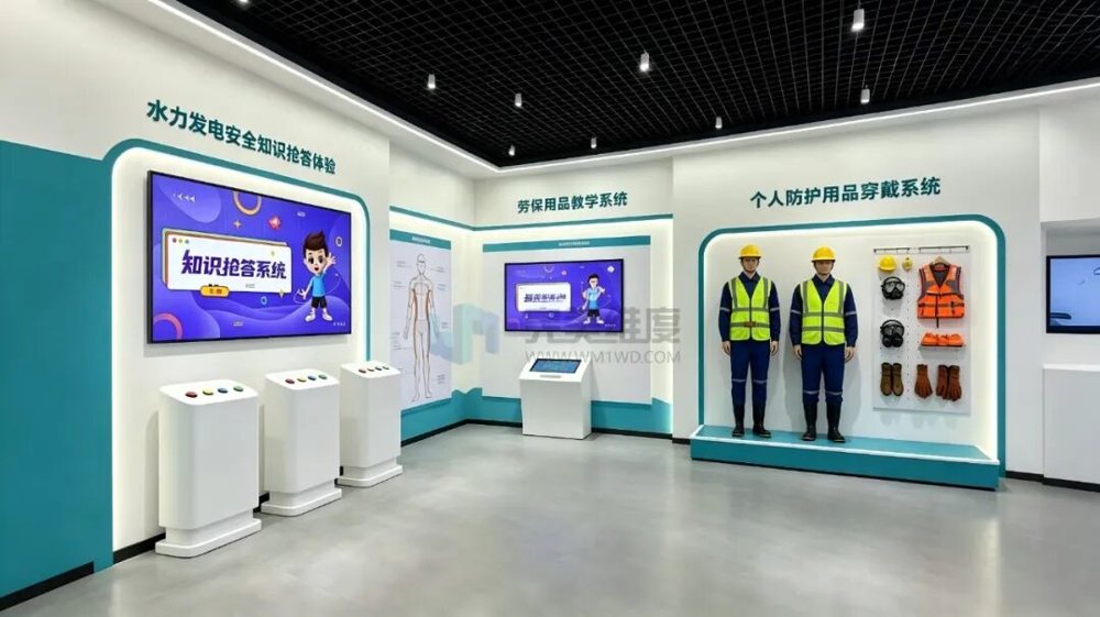 实体展示水下检修防水服、廊道防毒面罩、高压绝缘靴、大坝边坡防滑安全绳