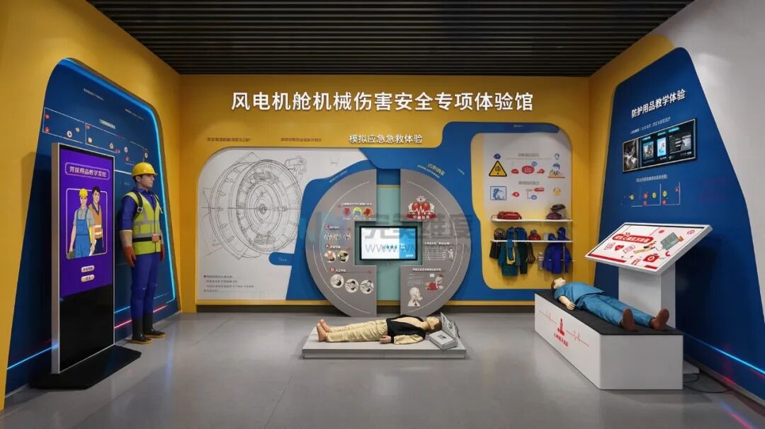 本展厅 1:1 还原风机轮毂密闭狭小检修空间,聚焦轮毂变桨机构夹伤、受限空间中毒