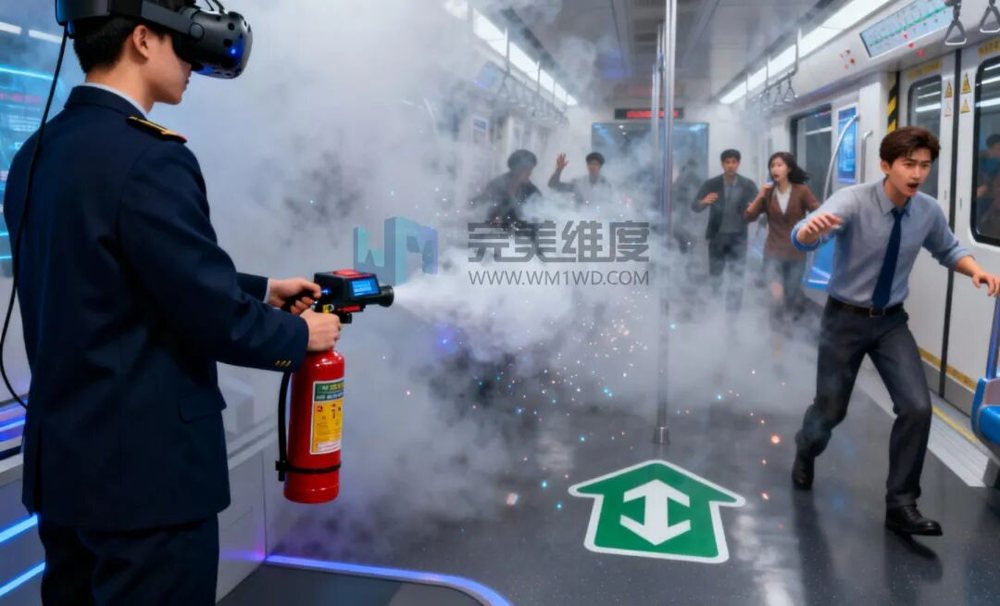 受训者扮演站务员,在模拟的烟雾、火光与警报声中,完成从发现火情、上报