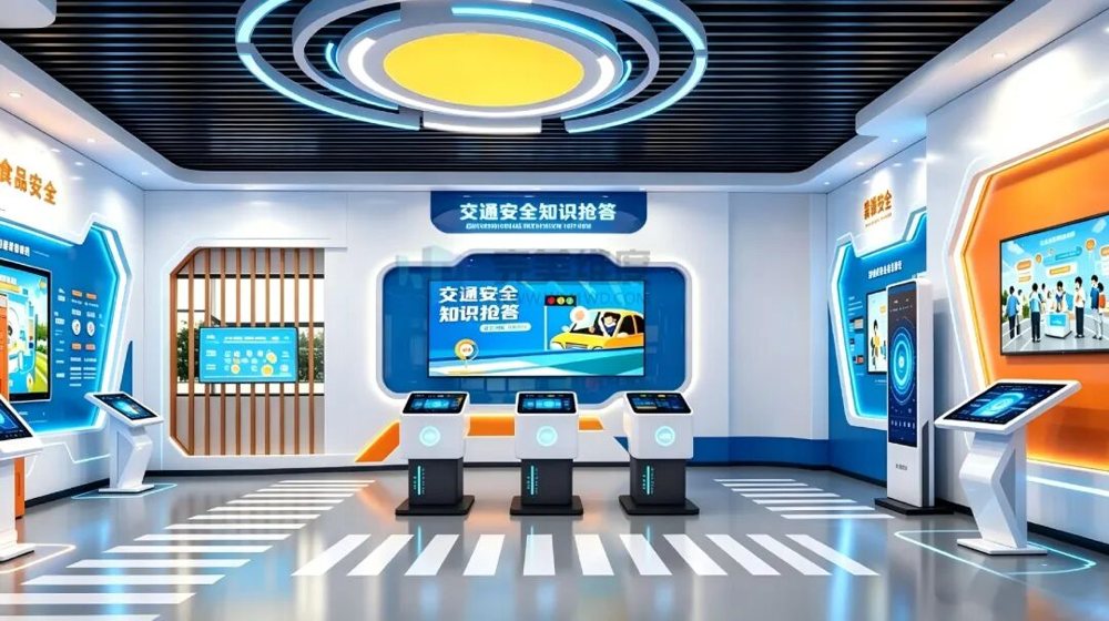 地面互动投影构建真实路口场景，学生在模拟过街中练习观察红绿灯、避让车
