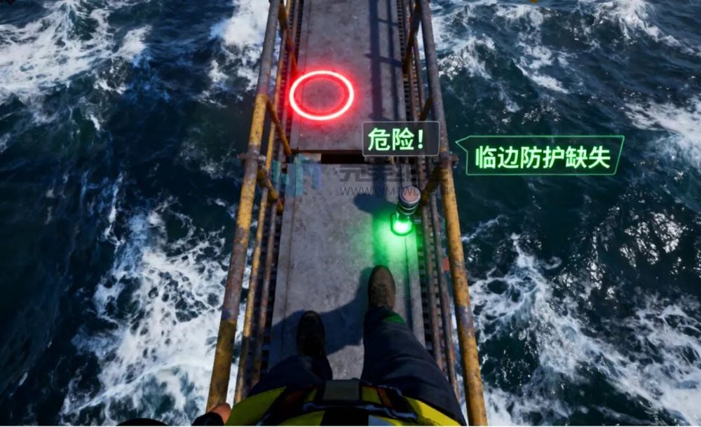 体验者“站立”在数十米高的桥墩施工作业平台上。场景中设置多种安全隐患