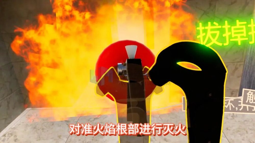 众多 参赛选手、评委和观众们通过VR设备沉浸式体验商场火灾逃生、高层